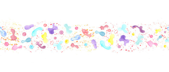 Abstract unicorns, rainbows, stars and sparkles. Watercolor multicolored spots, strokes and splashes. Seamless horizontal border. Vibrant hues, whimsical design. For any nursery or children room decor