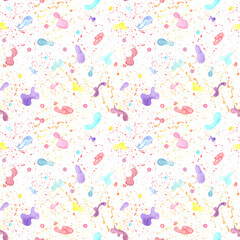 Seamless pattern with abstract unicorns, rainbows, stars and sparkles. Watercolor multicolored spots, strokes and splashes. Vibrant hues and whimsical kid design. Magical and fantasy inspired feel.