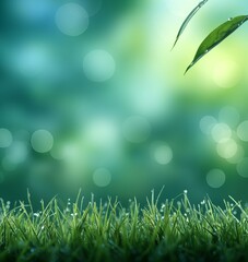 Obraz premium Fresh Green Grass with Dew and Bokeh Effect in a Lush Natural Setting