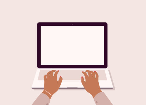 Black Businesswoman&rsquo;s Hand Typing On Laptop Keyboard With Blank Screen. Close-Up.