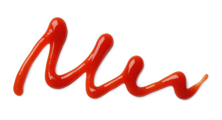 Tasty ketchup isolated on white, top view. Tomato sauce