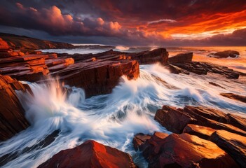 Fototapeta premium powerful waves crashing rocky shoreline dramatic scene, ocean, water, rocks, coastline, nature, splashing, force, energy, sea, natural, scenic, rugged
