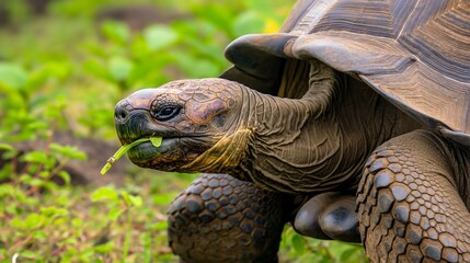 Fototapeta premium A tortoise is eating a leaf. The tortoise is brown and has a green leaf in its mouth