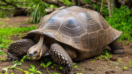 A large tortoise is laying on the ground in a grassy area. The tortoise is brown and has a long neck