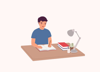 One Smiling Little Boy With Pencil Writing On A Book.