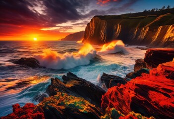 Fototapeta premium vibrant sunrise illuminating majestic cliffs sea, sunlight, light, rocky, shore, coast, ocean, scenic, nature, dramatic, sky, horizon, beautiful, view