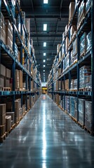 Fototapeta premium A modern, well-organized warehouse with tall shelves filled with boxes and packages, illuminated by bright overhead lights.