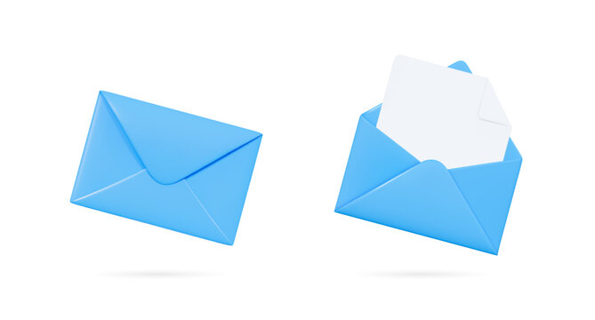 3D Blue envelopes icon set. Open and close letters. Subscribe to newsletter. Email message. Send post card. Envelope with document. Mail notification. Cartoon design icons. 3D Vector illustration