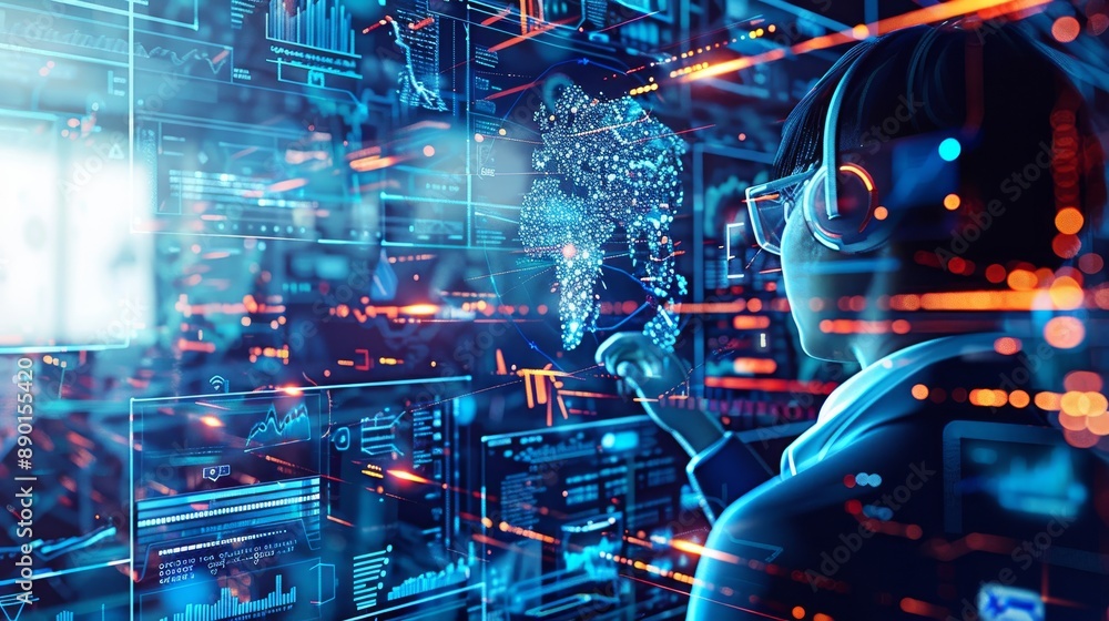 Aufkleber businesswoman working with digital interface of global network and data using vr technology