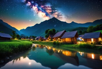 Fototapeta premium peaceful village under gaze celestial bodies night sky, astronomy, cosmos, stars, moon, universe, landscape, nature, beauty, evening, dusk, scenery, rural,