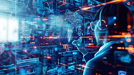 Businesswoman Working with Digital Interface of Global Network and Data Using VR Technology