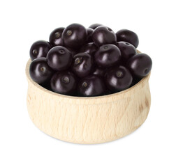 Fresh ripe acai berries in bowl isolated on white