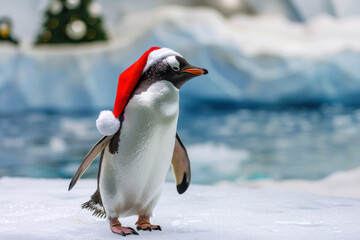 Fototapeta premium A penguin wearing a Santa hat stands on snowy ground. The scene is festive with snowflakes falling and a wintery background, creating a cheerful Christmas atmosphere