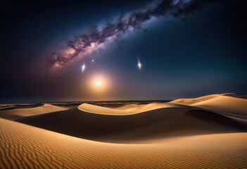 Naklejka premium majestic celestial bodies hovering above windy sand dune landscape, body, sandy, sky, nature, desert, planet, star, galaxy, cosmic, universe, ethereal
