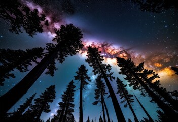 Fototapeta premium starry galactic core peeking through silhouetted trees, night, sky, celestial, bodies, astrophotography, starlight, glow, cosmic, universe, ethereal