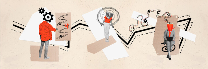 Panoramic collage picture businesspeople project management organization work efficiency headless...