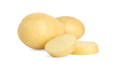 Fresh whole and cut potatoes isolated on white