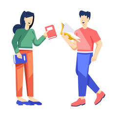 Obraz premium Students exchanging books with each other, flat illustration