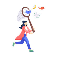 A flat illustration of running girl caching books   © Vectors Market