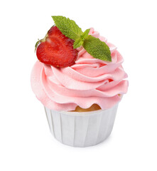 Tasty cupcake with strawberry and mint isolated on white
