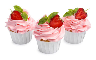 Tasty cupcakes with strawberries and mint isolated on white