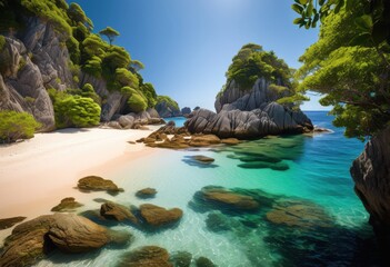 Obraz premium secluded beach rocky outcrops surrounded coastal scenery relaxation exploration, nature, ocean, waves, sand, serene, isolated, tranquil, picturesque, landscape,