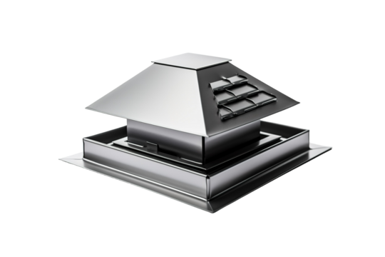 A Sleek Metal Roof Vent Cap Against a White Background on a Clear PNG or White Background.