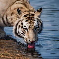Obraz premium Detailed White Tiger Drinking Water, Intense Gaze at Camera