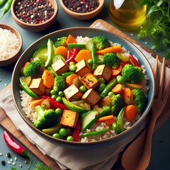 Nutritious vegan stirfry with tofu and veggies over brown rice, a healthy colorful meal.