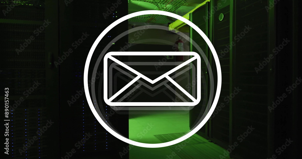 Poster image of envelope email icon over dark computer server room