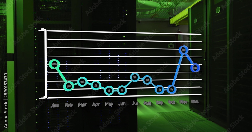 Poster image of monthly statistics on annual graph over dark computer server room