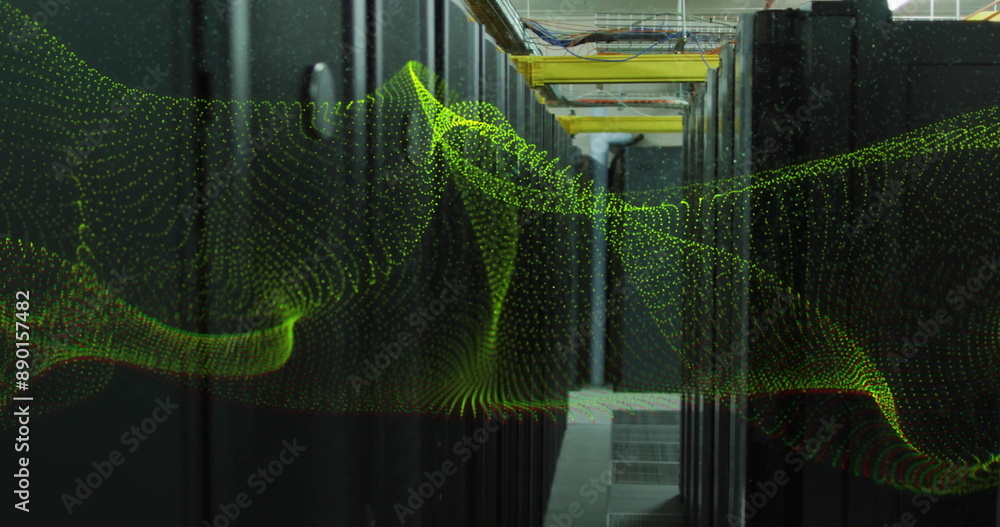 Poster image of yellow network wave moving over dark computer server room