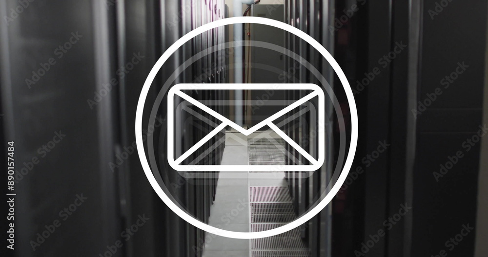 Poster image of envelope email icon over computer server room