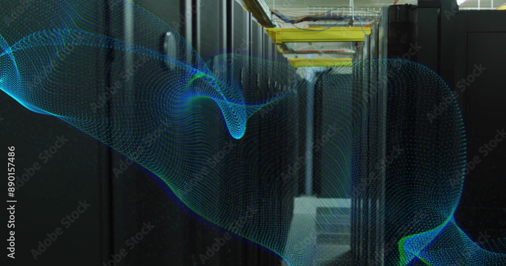 Poster image of blue network wave moving over dark computer server room