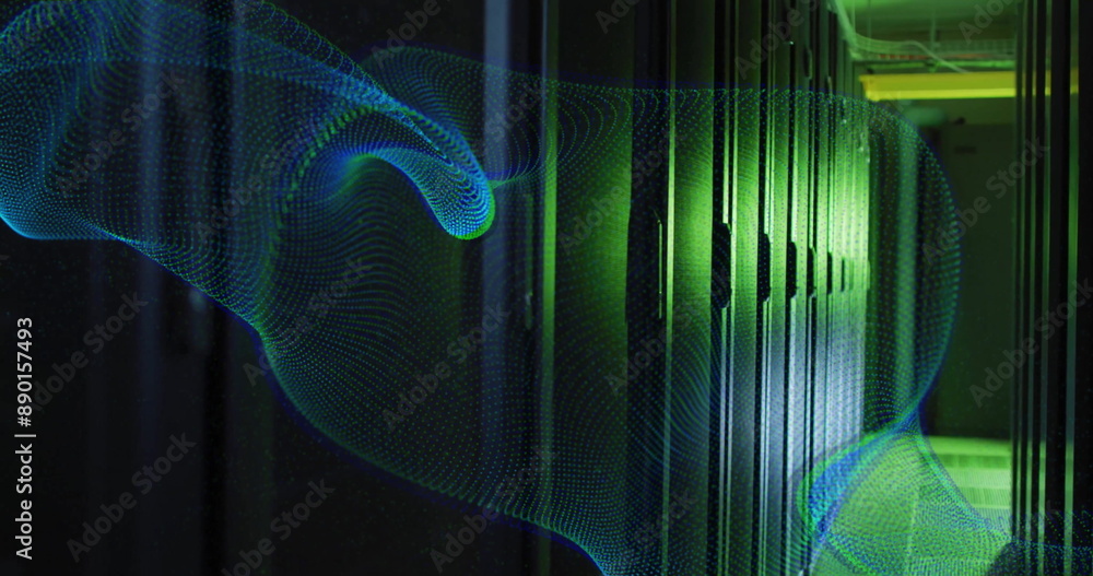 Poster image of blue network wave moving over dark computer server room
