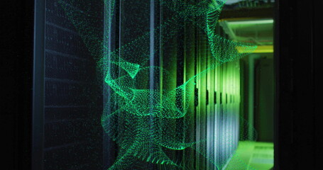 Image of green network wave moving over dark computer server room