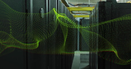 Image of yellow network wave moving over dark computer server room