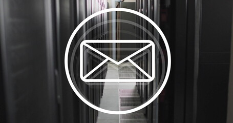 Image of envelope email icon over computer server room