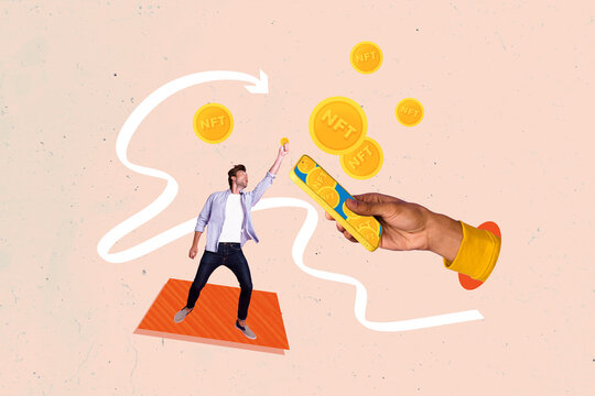Creative collage picture young man reach touch nft bitcoin virtual currency smartphone earnings profit income money drawing background