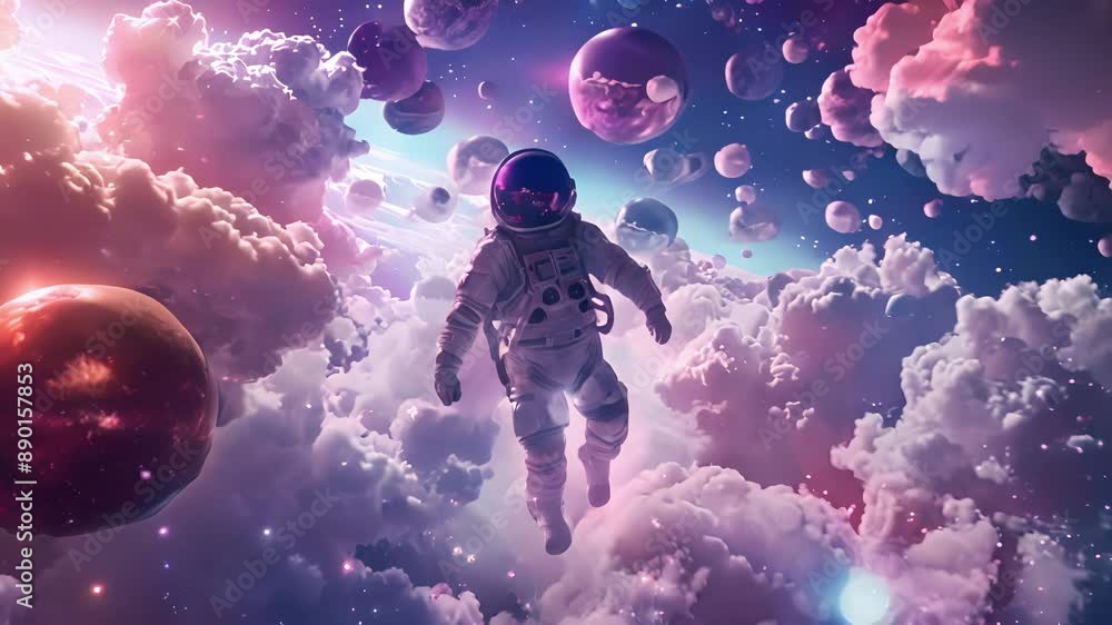 Poster a dreamy and peaceful scene of an astronaut floating a giant inflatable planets and floating celesti