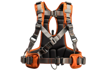 A Safety Harness Ready for Action - A Close-Up of the Orange and Grey Equipment on a Clear PNG or White Background.