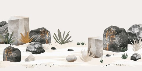 Desert Landscape with Rocks and Cacti Elements