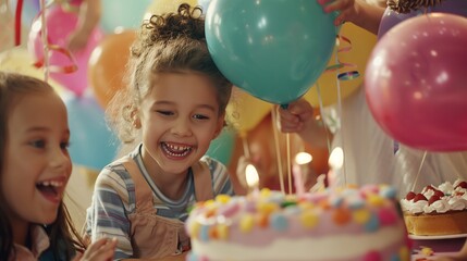 Children celebrate a birthday with balloons, cake, games, and laughter, making cherished memories.