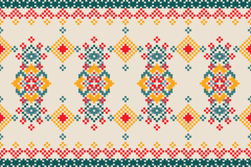 Cross Stitch pattern with Floral Designs. Traditional cross stitch needlework. Geometric Ethnic pattern, Embroidery, Textile ornamentation, fabric, Hand stitched pattern, Cultural stitching pixel art.