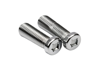 Two Shiny Square-Head Screws Resting On A White Surface on a Clear PNG or White Background.