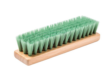 A Close-Up View of a Wooden-Handled Bristle Brush With Vibrant Green Bristles on a Clear PNG or White Background.