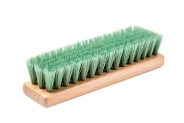 A Close-Up View of a Wooden-Handled Bristle Brush With Vibrant Green Bristles on a Clear PNG or White Background.