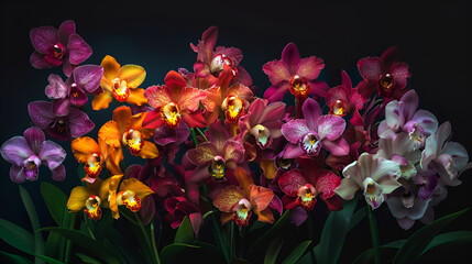 Beautiful blooming orchid flowers in flower shop, Colorful orchids in the flower shop, Floral background, Multi-colored orchids. Flowers in yellow, pink, red and spotted colors, Gardening and growing
