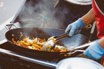 Fototapeta premium Asian street food vendor chopping vegetables, getting ready for the day, Generative AI