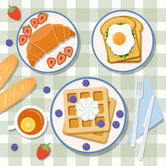 Waffle, Toast, Croissant, Baguette and Tea for Breakfast Menu Illustration from Top View